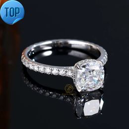 Fancy Moissanites Jewellery 18k Solid White Gold 7x7mm 2ct Cushion Cut Diamond Moissanite Engagement Wedding Band Ring