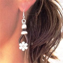 Stud Earrings 2024 Fashion Women Bohemian Alloy Flower Drop Leather Rope Earring Retro Hollow-out Round