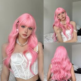 Pink Cosplay Lolita Halloween s Long Body Wavy Synthetic with Bangs for White Women Party Hair Natural Heat Resistant 240113