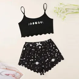 Women's Sleepwear Luxury Cute Print Ruffled Women Suspenders Tops Bowknot Shorts Pajamas Sets Camisole Nightwear Ladies Pijama Suit