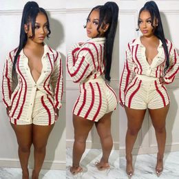 Women's Tracksuits Short Sets Women Sweaters Two Piece Set Turn Down Collar Full Sleeve Single Breasted Tops Elastic Waist Shorts Pants