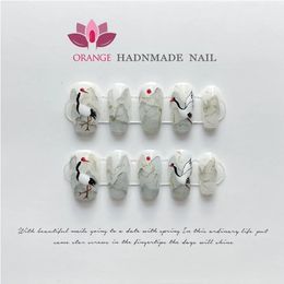 Handmade Press On Nails HandPainted Design Luxury Full Cover Coffin Manicuree Wearable Fake XS S M L Size Nail Art 240113