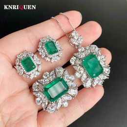 Necklaces 100% Sier Wedding Fine Jewelry Sets for Women Vintage Emerald Gemstone High Carbon Diamond Rings Pendant Necklace Earrings