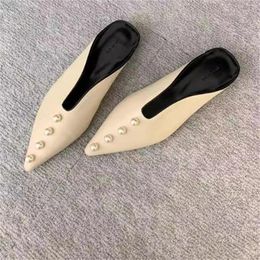 Dress Shoes Maxi Pearls For Women Pointed Toe Ladies Low Heels Sewing Lines Female Mules Shallow Chassure Femme String Beading Zapatos