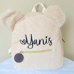 Bags Custom Cute Fleece Bear Ear Shaped Backpack Embroidery Name Mini Backpacks for Toddler, Boys, and Girls, School or Travel