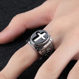 Vintage 14K White Gold Cross Ring Men Gold Colour Punk Hip Hop Christian Biker Signet Ring Men Jewellery Amulet Gift