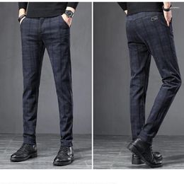 Men's Pants 2024 Spring England Plaid Work Stretch Men Cotton Business Fashion Slim Grey Blue Casual Pant Male Brand Trouser 38