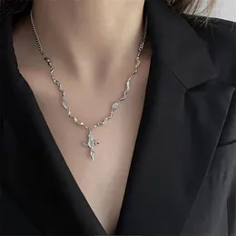 Pendant Necklaces Korean Fashion Trend Retro Opal Cross Silver Colour Stainless Steel Chain Necklace For Women Men Punk Hip Hop Y2K Jewellery