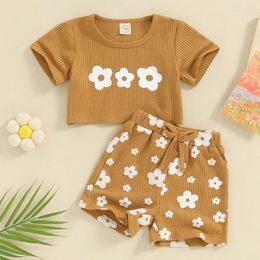 Clothing Sets Kupretty Born Baby Girl Summer Clothes Ribbed Knit Short Sleeve Floral T-shirts Crop Tops Shorts Set