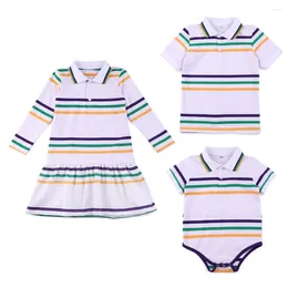 Girl Dresses Mardi Gras White Cotton Striped Toddle Baby Boys Romper Set Polo Collar Sibling Kids Girls Long Sleeve Fashion Dress