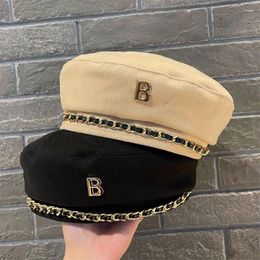Berets OLOMLB 2024 Sweet Cool Chain Decoration Beret Women's All-Match Fashion Letters Painter Cap Autumn And Winter Woolen Hat