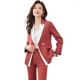 Women's Two Piece Pants Fashion Red Yellow Blue Contrast Colour Suit Set 2024 Autumn Office Ladies Slim Blazers High Waist Pencil Suits