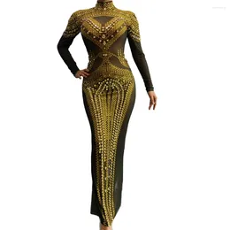 Stage Wear Sparkling Diamonds Split Fork Dress Gauze Perspective Ankle-Length Long Sleeve Neck-Mounted Sexy Costume Party Evening