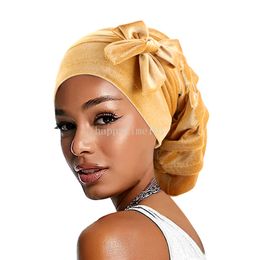 New Women Velvet Rasta Turban with Ribbon Head Wrap Beanie Hair Loss Chemo Slouchy Baggy Cap Bonnet African Nigerian Headwear