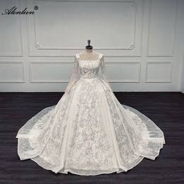 Alonlivn100% foto reali di lusso colletto quadrato una linea abito da sposa con perline strass perle ricamo pizzo manica lunga abiti da sposa