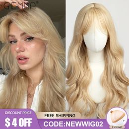 Long Wavy Light Ash Blonde Synthetic s with Bangs for Women Natural Wave Cosplay Party Daily Use Hair Heat Resistant 240113
