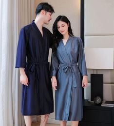 Women's Sleepwear Couple Bathrobe 2024 Summer Solid Kimono Long Sleeve Women Dressing Gown Men Loungewear V-neck Bath Robe Nightgown