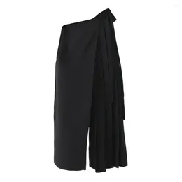 Women's Pants Wide-leg Trousers Black Solid Color Pleated Wide Leg Culottes For Women High Street Style Irregular Mid-calf Length