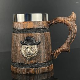 Mugs Styles Personalised Wooden Barrel Mug With Bear Head & Lion Paint Pattern Beer Stein Stainless Steel Tankard