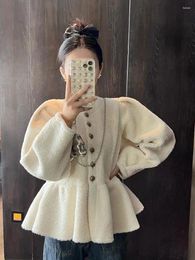 Women's Jackets Korea Skirt Style Lamb Velvet Sweet Coat Chic Buttons Single Breasted Ruffles Coats Korean Solid Puff Long Sleeves Jacket