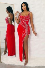 Casual Dresses Shiny Rhinestone Split Dress Sexy Women Spaghetti Strap Bodycon Sparkly Diamonds Long Maxi Vestidos