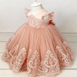 2021 Blush Pink Lace Flower Girl Dresses Ball Gown Backless Vintage Lilttle Kids Birthday Pageant Weddding Gowns ZJ6747838398