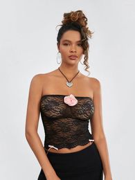 Women's Tanks Women Lace Sheer Mesh Tube Top 3D Flower Strapless Backless Crop Summer Going Out Bandeau Y2k Aesthetic Streetwear