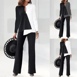 Women's Two Piece Pants Color Matching Suit Women Spring Wide Leg V Neck Long Sleeve Top Trousers Set Lady Business Attire Elegant