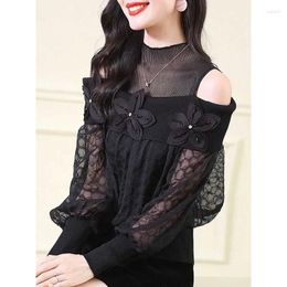 Women's Blouses Elegant Gauze Lace Spliced Beading Off Shoulder Clothing Spring Loose All-match Tops Office Lady Shirts E580