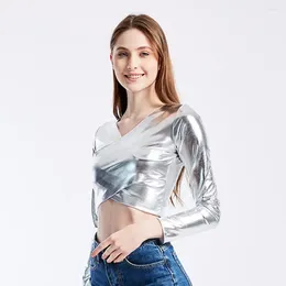 Women's Blouses Soft Stretchy Top V Neck Faux Leather Pullover Slim Fit Dance Blouse For Women Short Waist-exposed Long Sleeve Smooth Glossy
