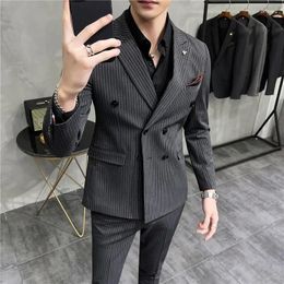 Men's Suits High-quality Korean Slim Double-breasted Striped Casual Handsome Groom Dresses Man Suit Two-piece