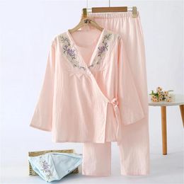 Women's Sleepwear Japanese Style Kimono Set Spring Summer Cotton Lace-up Tops Pants Suit Daily Home Costume Retro Hanfu Pajamas