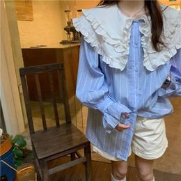 Women's Blouses Plus Size 6XL 150KG Spring Women Striped Long Sleeve Ruffled Neck Sweet Shirt Casual Big Tops