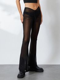 Women's Pants Y2k Sheer Mesh Flare Long Solid Colour Low Rise Strappy See Through Wide Leg Trousers Beach Cover-up