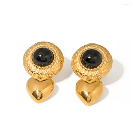 Stud Earrings Wholesale Black Agate Stone Earring Stainless Steel Waterproof Jewelry Real Gold Plated Chunky 18k