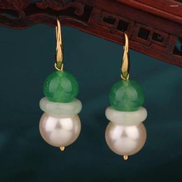 Dangle Earrings Korean Fashion Ethnic Pearl Crystal Vintage Chinese Style Green Stone Drop Jewellery For Women