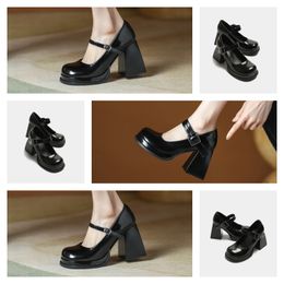 Boat Heeled Womens Shoe Mid Classic Designer Leather Thick Heel High Heels Cowhide Tassels Round Head Metal Button Women Dress s