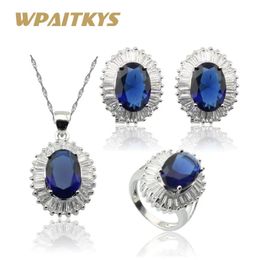 Bras Blue Crystal White Cz Sier Colour Jewellery Sets for Women Daily Gift Necklace Pendant Hoop Earrings Rings Free Box