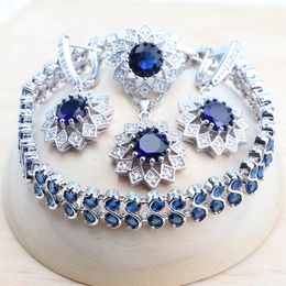 Necklaces Sier Jewellery Sets Bridal Blue Cubic Zirconia Wedding Bracelets Rings Earrings Pendant Necklace for Women Set Jewellery
