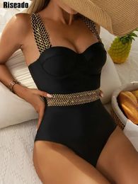 Riseado Sexy Push Up Swimsuit Swimwear Women 2023 Black Bathing Suit Stitch Detail Onepieces Swimming for 240113