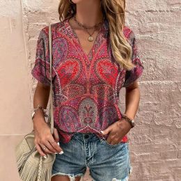 3d Geometry Print T-Shirt Ethnic V-Neck Summer Short Sleeve Tshirt Ladies Clothing Female Tee Top Oversized Vintage Women