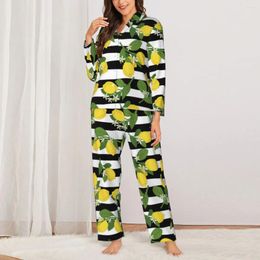 Women's Sleepwear Lemon Lemons Yellow Autumn Black And White Stripes Aesthetic Oversized Pyjamas Set Women Long Sleeve Home Nightwear