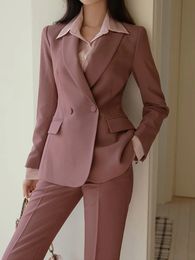 Women Casual Vintage Formal Pantsuit Breasted Blaser Jackets Solid Elegant Pantalons 2 Piece Female Business Trousers Outfits 240113