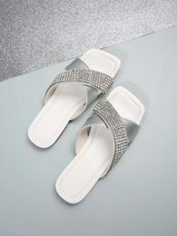 Slippers Bling Fashion Woman Square Toe Flat Shoes Women Outside Beach Causal Flip Flops Black White Slides Femal Summer Sandals