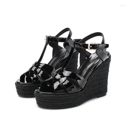 Sandals Style Slope Heel Rope Cow Painted Leather Upper Sheepskin Lining Fashionable And Comfortable Women's Shoes