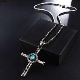 Fashion- Natural Black Blue Turquoises Cross Pendant Necklace Men Vintage Stainless Steel Religious Jesus Crucifix Male Jewellery