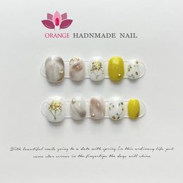 Handmade Nails Press On Artificial Reusable Flower Decoration Full Cover Manicuree Wearable XS S M L Size Professional Art 240113