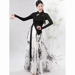 Stage Wear 2024 Classical Dance Dress Flowing Chinese Style Bamboo Leaf Printed Cheongsam Coat Big Skirt Costume W126