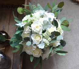 Wedding Flowers EillyRosia Natual White Green Country Bouquet Artificial Roses Eucalyptus Chrysanthemum Lace Flower Bride