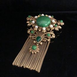 Retro Palace Heavy Work Old Brooch Inlaid with Pearl Stone Tassel Copper Material Brooch, High-end Pin Coat Accessories